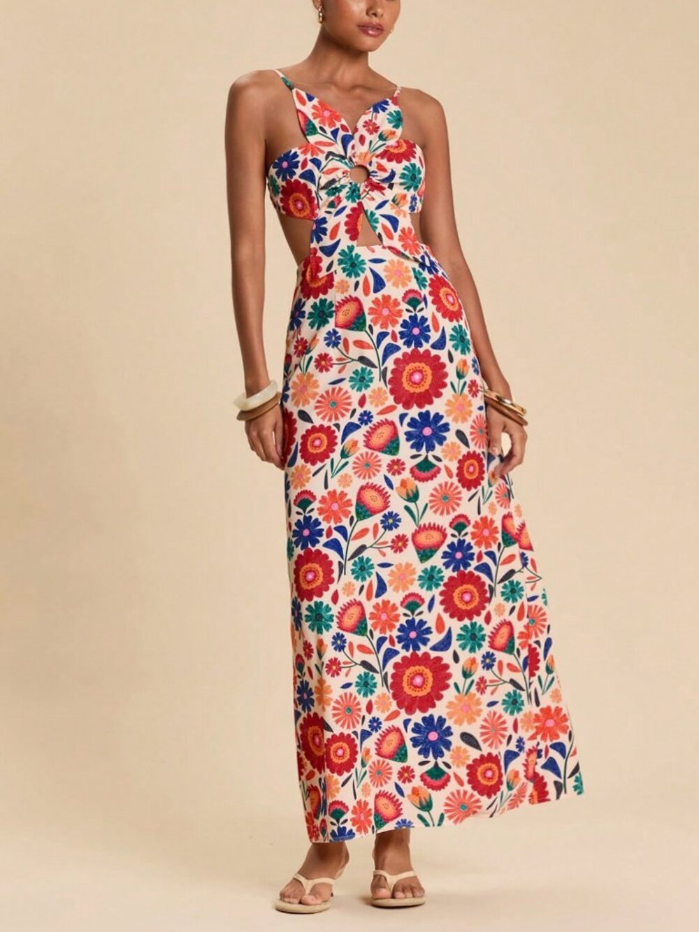 Multicolor Boho Women's Vacation Floral Backless Spaghetti Strap Dress - Picture 4 of 7